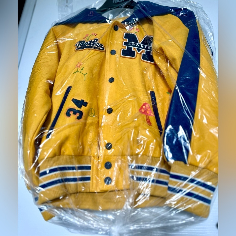 RARE MOTHER Split Hood Varsity Jacket Embroidered Yellow NWT In Orig. Packaging - Picture 3 of 16